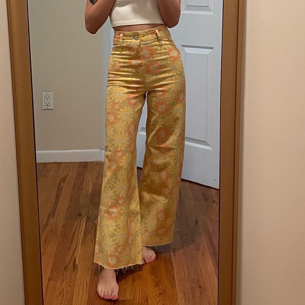 Zara yellow floral high waisted wide leg jeans!